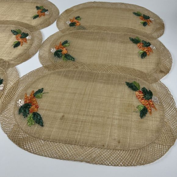 Wicker Straw Placemats Embroidered‎ Carrots Vtg Boho Raffia  19”x13” Oval Set/6 - Picture 1 of 14